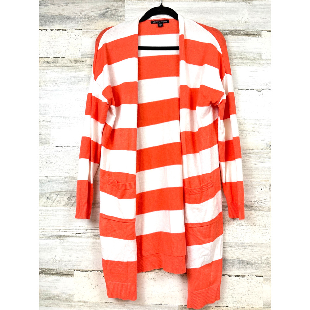Boston Proper Womens M Orange White Stripe Lightweight Knit Cardigan Duster